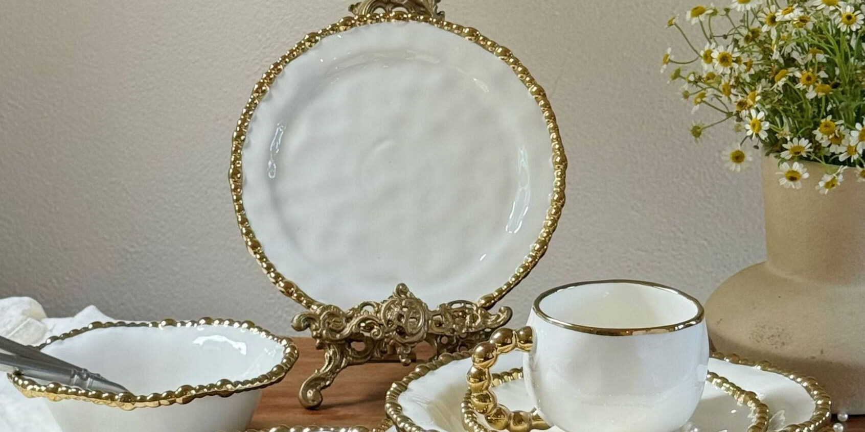 Handmade Ceramic White and Gold Dinnerware Set