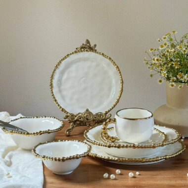Handmade Ceramic White and Gold Dinnerware Set