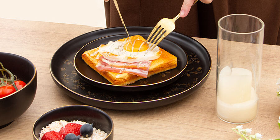 Elegant black and gold ceramic plate bowl set