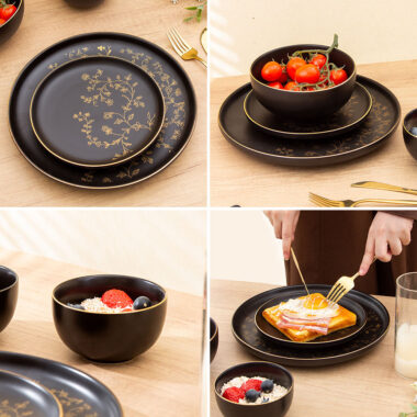 Elegant black and gold ceramic plate bowl set