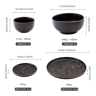 Elegant black and gold ceramic plate bowl set