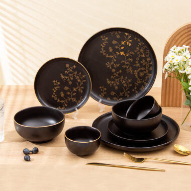Elegant black and gold ceramic plate bowl set