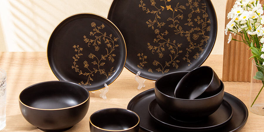 Elegant black and gold ceramic plate bowl set