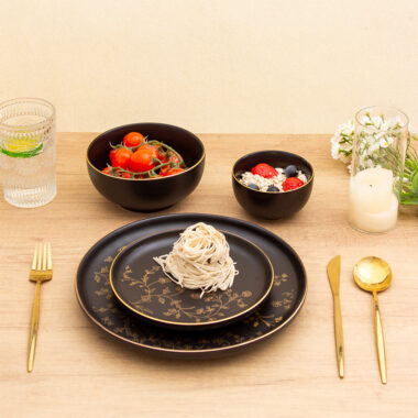 Elegant black and gold ceramic plate bowl set