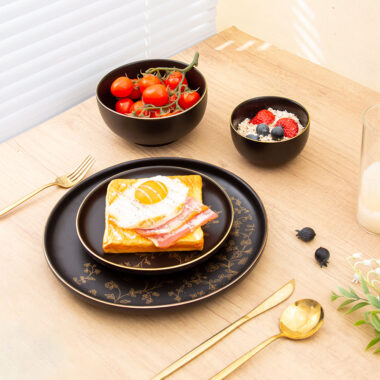 Elegant black and gold ceramic plate bowl set
