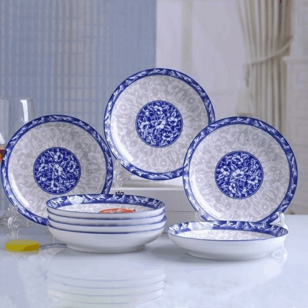 White and Blue Chinese Melamine Dinnerware Plates and Bowls