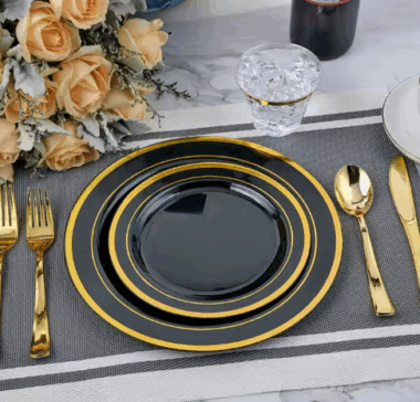 Black porcelain dinner plates with gold rim for wholesale