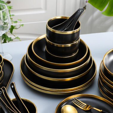 Black porcelain dinner plates with gold rim for wholesale