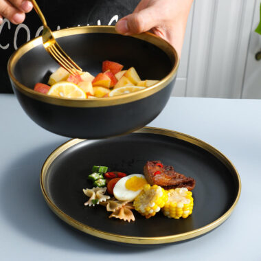 Black porcelain dinner plates with gold rim for wholesale