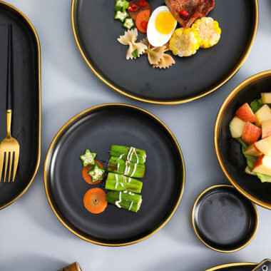 Black porcelain dinner plates with gold rim for wholesale