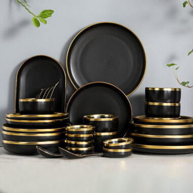 Black porcelain dinner plates with gold rim for wholesale