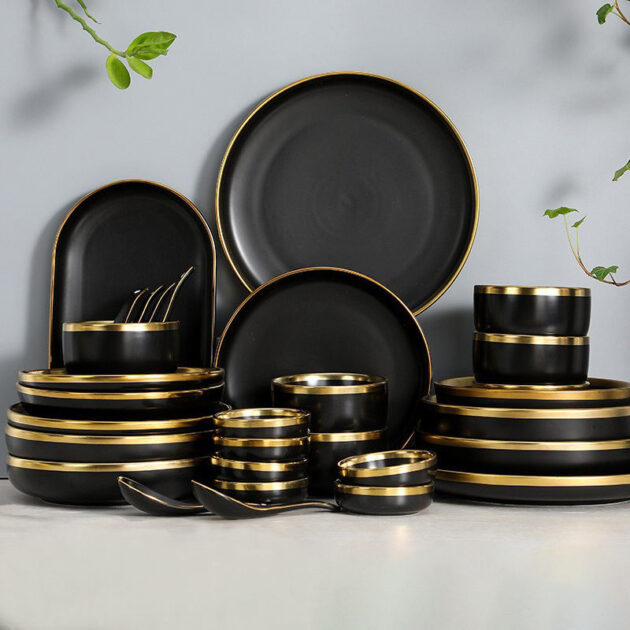 Black porcelain dinner plates with gold rim for wholesale
