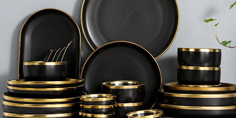 Black porcelain dinner plates with gold rim for wholesale