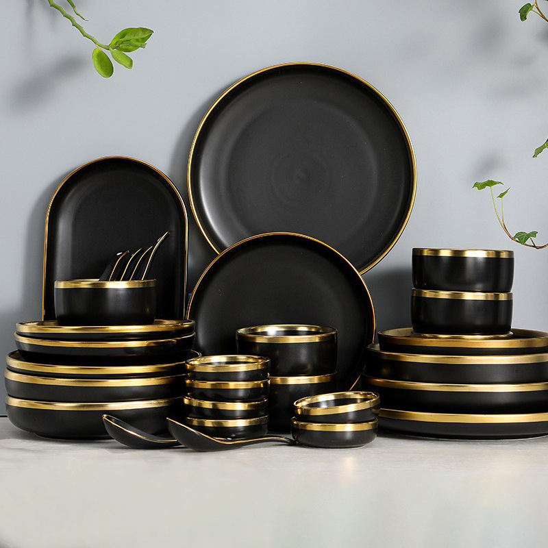 Black porcelain dinner plates with gold rim for wholesale